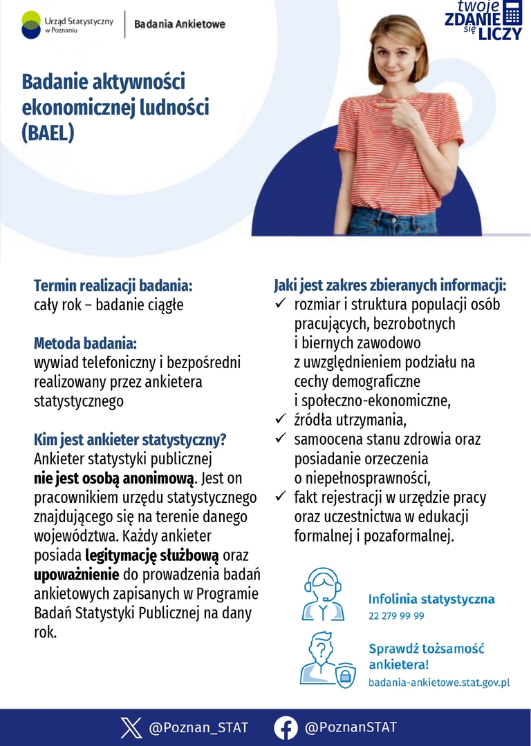 Infografika ma jasne tło z niebieskimi i granatowymi akcentami. W prawym rogu znajduje się zdjęcie uśmiechniętej kobiety w czerwonej bluzce. W prawym dolnym rogu widać urządzenie telefoniczne i symbol osoby z identyfikatorem.