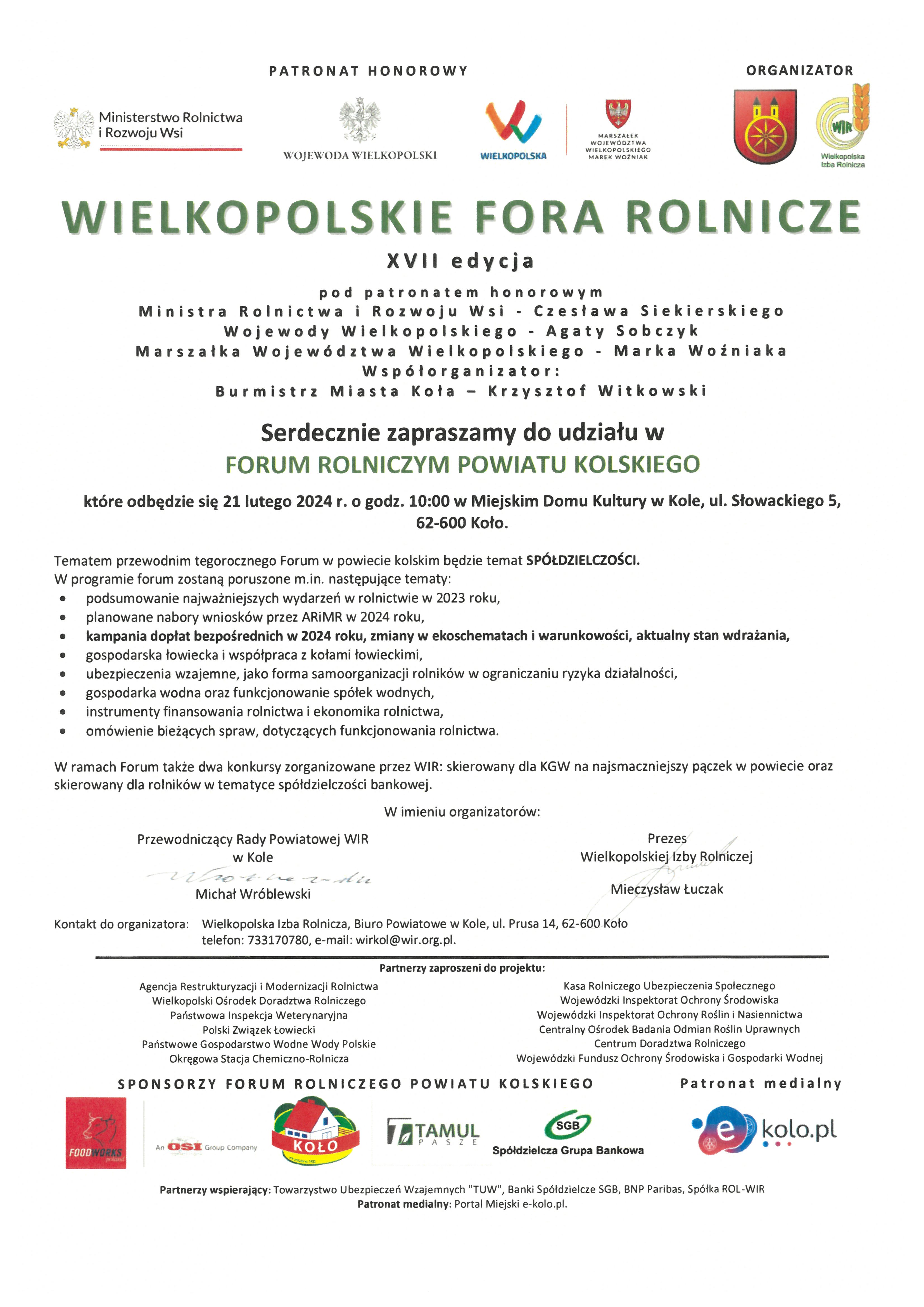 Plakat 17. edycji cyklu spotkań informacyjno-szkoleniowych pod nazwą „Wielkopolskie Fora Rolnicze”