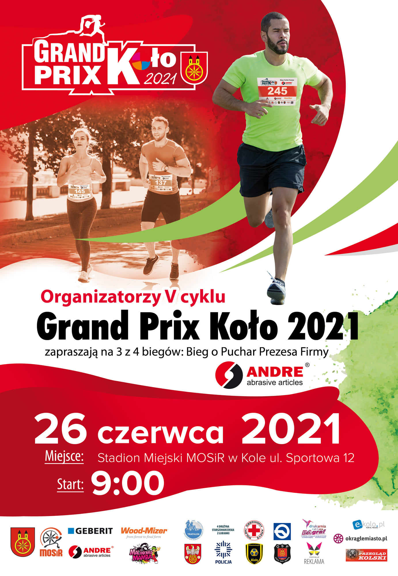 Plakat GRAND PRIX KOŁO 2021 - III bieg o Puchar Prezesa Firmy Andre, tekst pod plakatem.