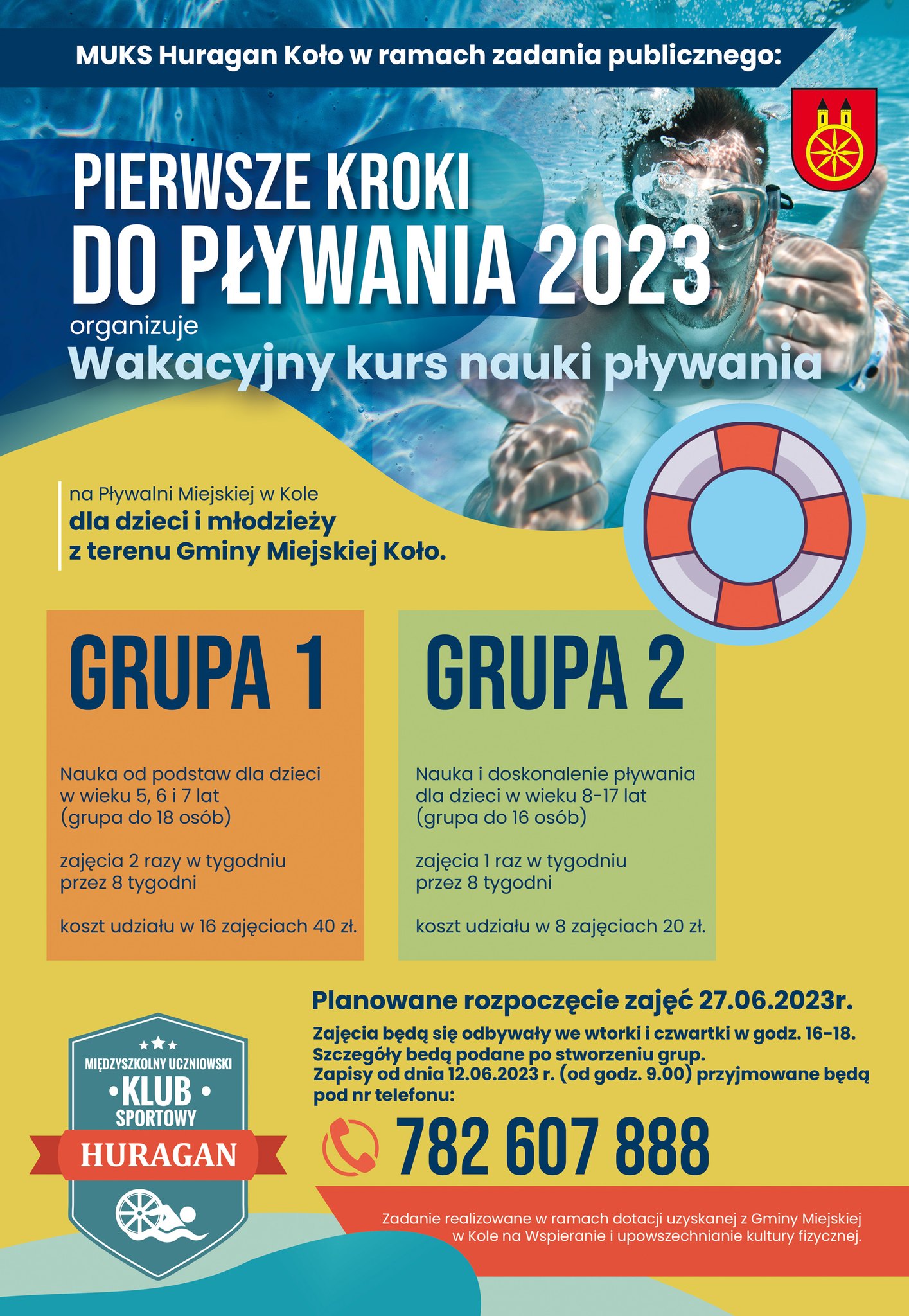 Plakat Wakacyjny kurs PIERWSZE KROKI DO PŁYWANIA 2023, tekst pod plakatem