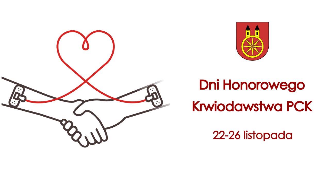 Plansza promująca Dni Honorowego Krwiodawstwa, które odbywają się w dniach 22–26 listopada. Przedstawia zarysy dwóch dłoni, połączonych czerwoną linią symbolizującą krew, tworzącą serce. Projekt podkreśla ideę solidarności i pomocy