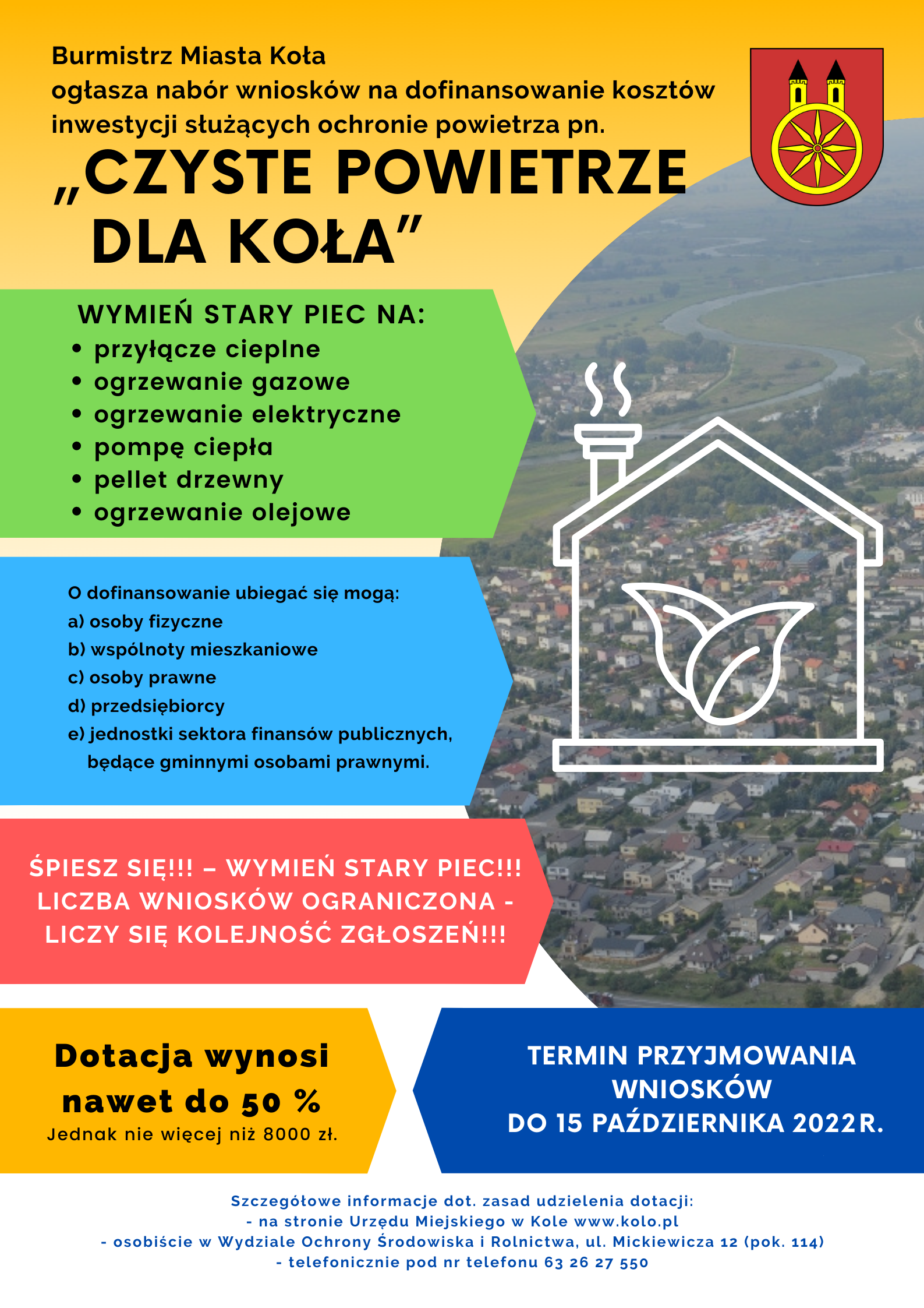 Plakat Czyste powietrze dla Koła - NABÓR WNIOSKÓW do 15.10.2021 r., tekst pod plakatem.