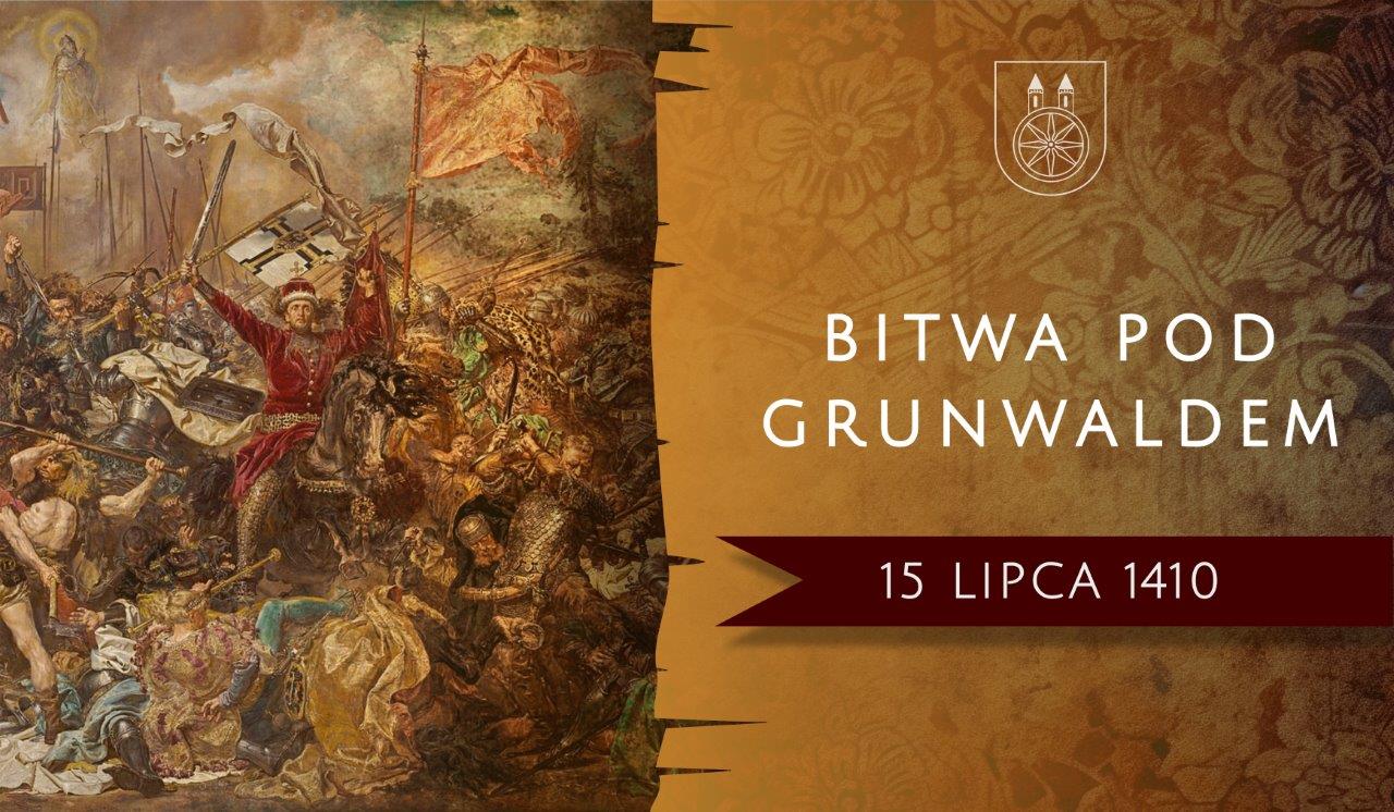 Zdjęcie przedstawia malowidło związane z Bitwą pod Grunwaldem, która miała miejsce 15 lipca 1410 roku. Na obrazie widoczna jest intensywna scena walki, z licznymi wojownikami i różnorodnym uzbrojeniem.  W górnym prawym rogu herb miasta Koła.