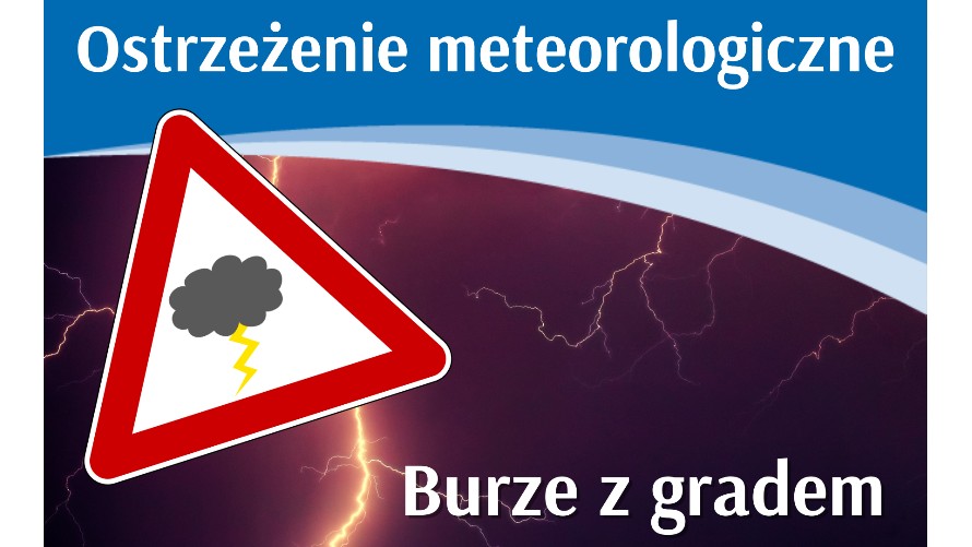 Grafika z napisem ostrzeżenie meteorologiczne, burze z gradem, na dole ciemne niebo z piorunami