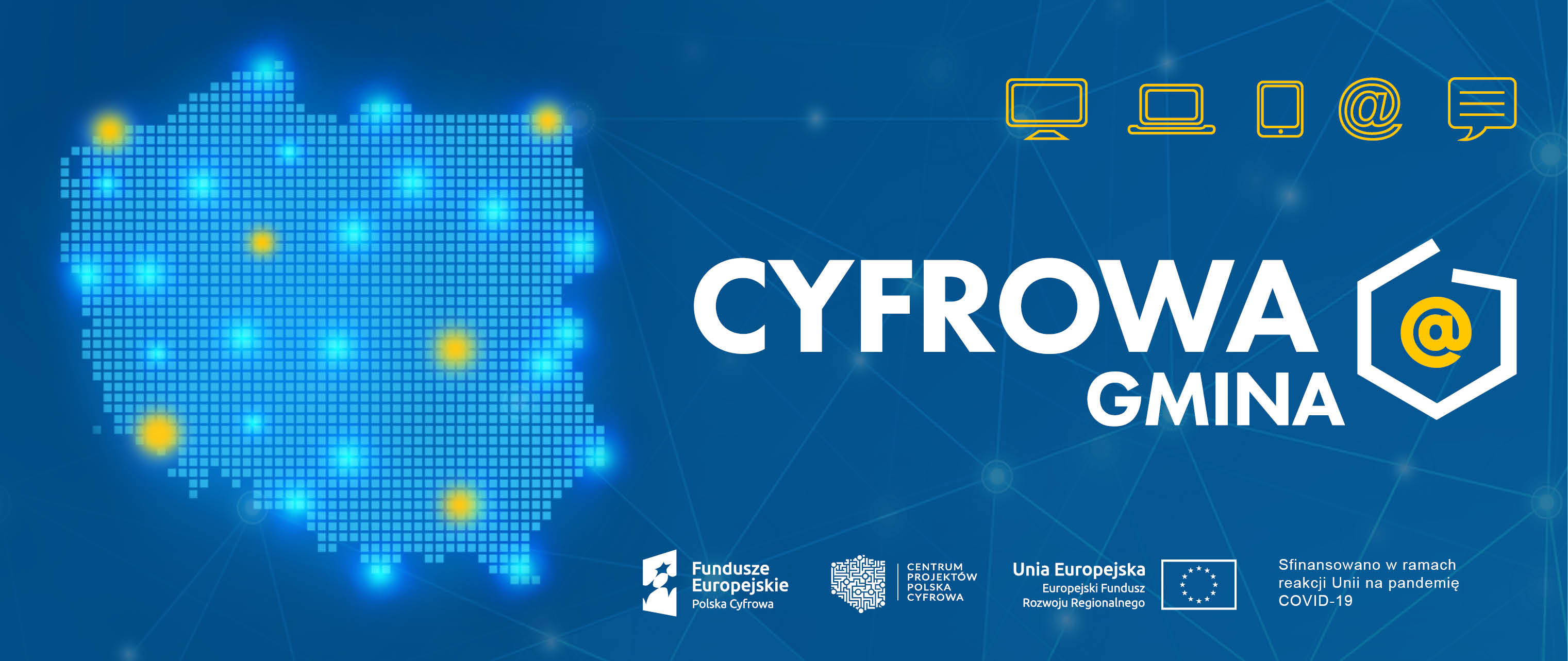 Banner z napisem na niebieskim tle CYFROWA GMINA i logotypami programów Unii Europejskiej