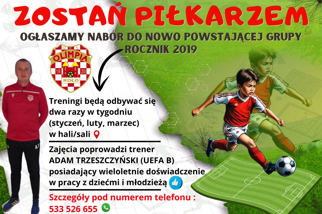 Infografika przedstawia rekrutację do klubu piłkarskiego. Zawiera logo klubu, zdjęcie trenera w stroju sportowym, dynamiczną grafikę z chłopcem grającym na boisku oraz boisko. Infografika utrzymana jest w zielono-czerwonej kolorystyce.