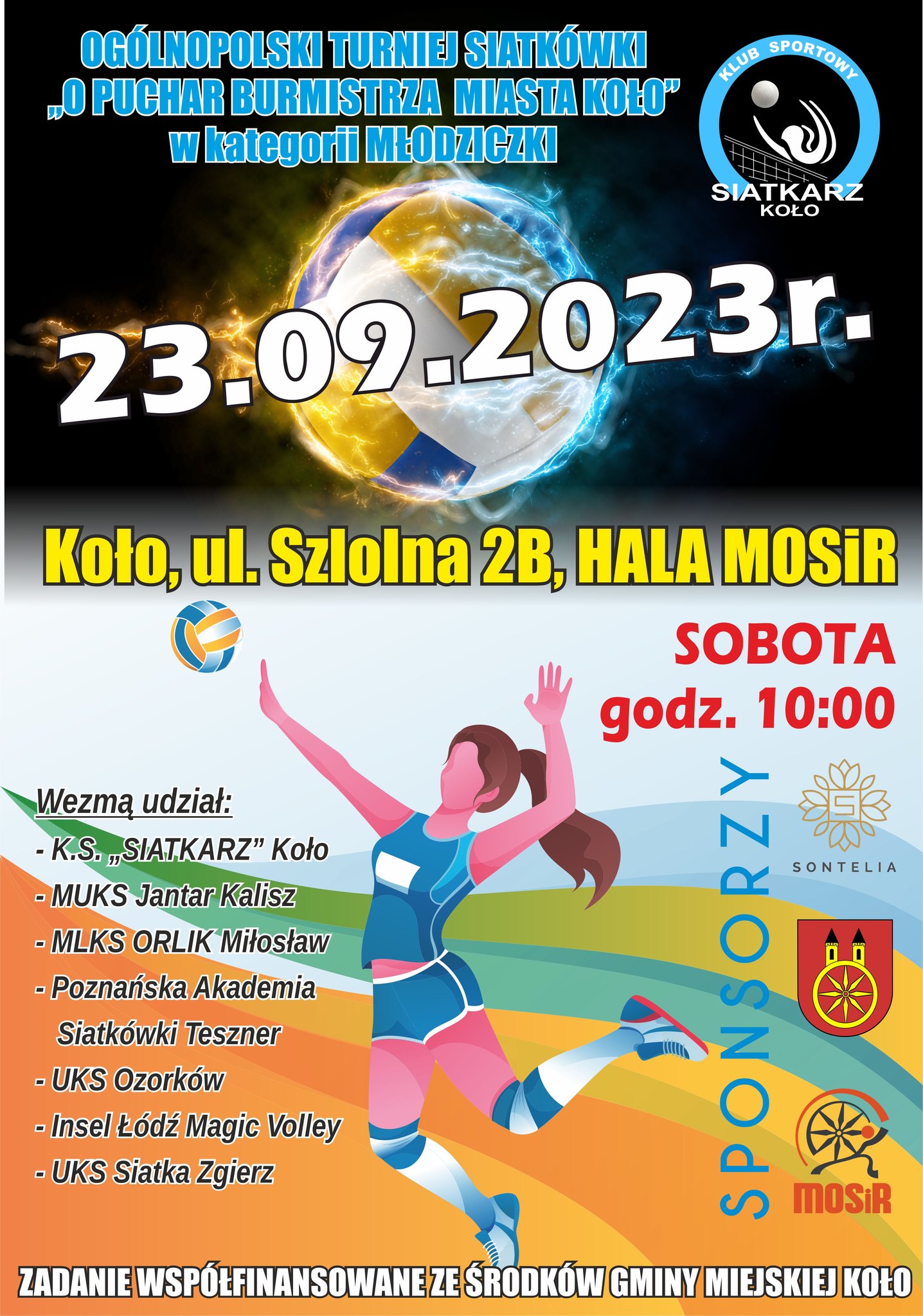 Plakat informujący o Ogólnopolski Turniej Siatkówki. Treść plakatu poniżej w artykule.