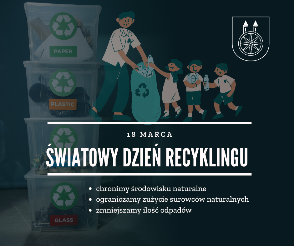 Infografika: napis 18 marca Światowy Dzień Recyklingu, w tle dzieci segregujące śmieci.