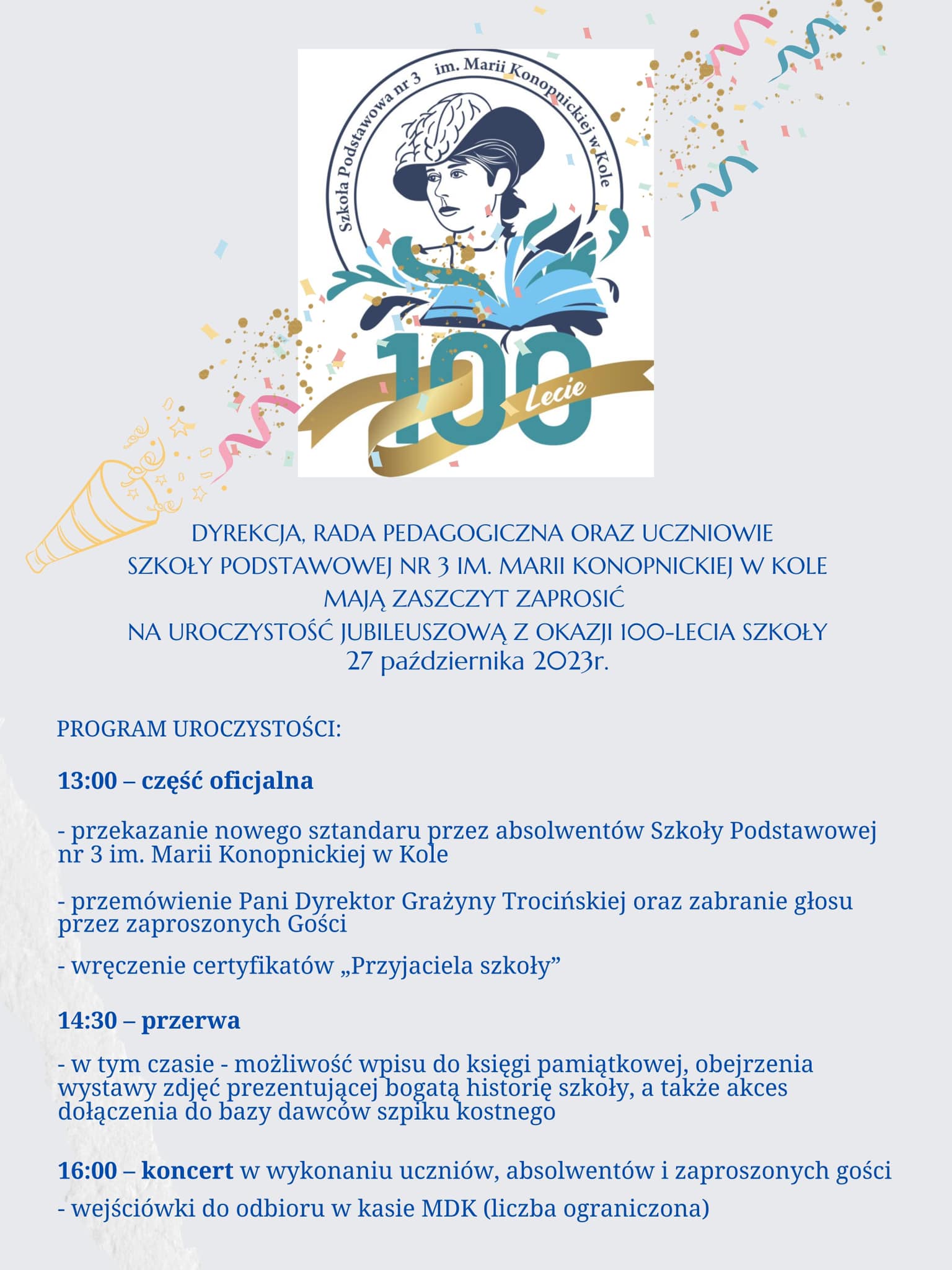 Plakat z programem uroczystości Szkoły Podstawowej Nr 3 im. Marii Konopnickiej w Kole, tekst poniżej