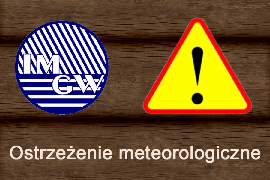 Infografika, napis ostrzeżenie meteorologiczne, logo IMGW, znak ostrzegawczy, tekst pod infografiką.