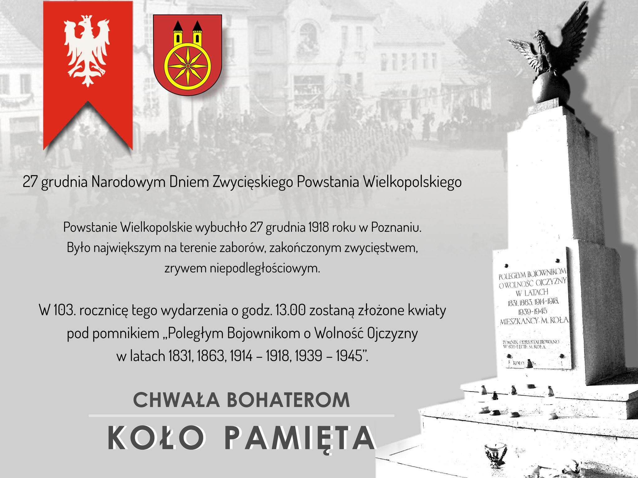 Plansza 27 GRUDNIA Narodowym Dniem Zwycięskiego Powstania Wielkopolskiego, tekst pod planszą