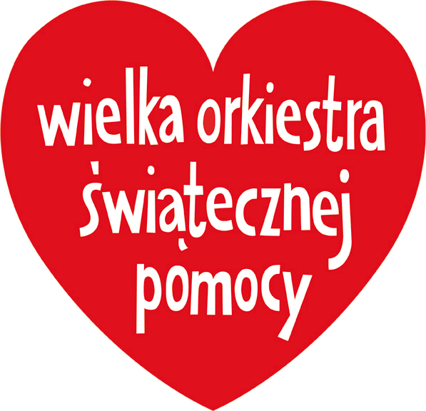 Logo Wielkiej Orkiestry Świątecznej Pomocy - czerwone serduszko z białym napisem Wielka Orkiestra Świątecznej Pomocy