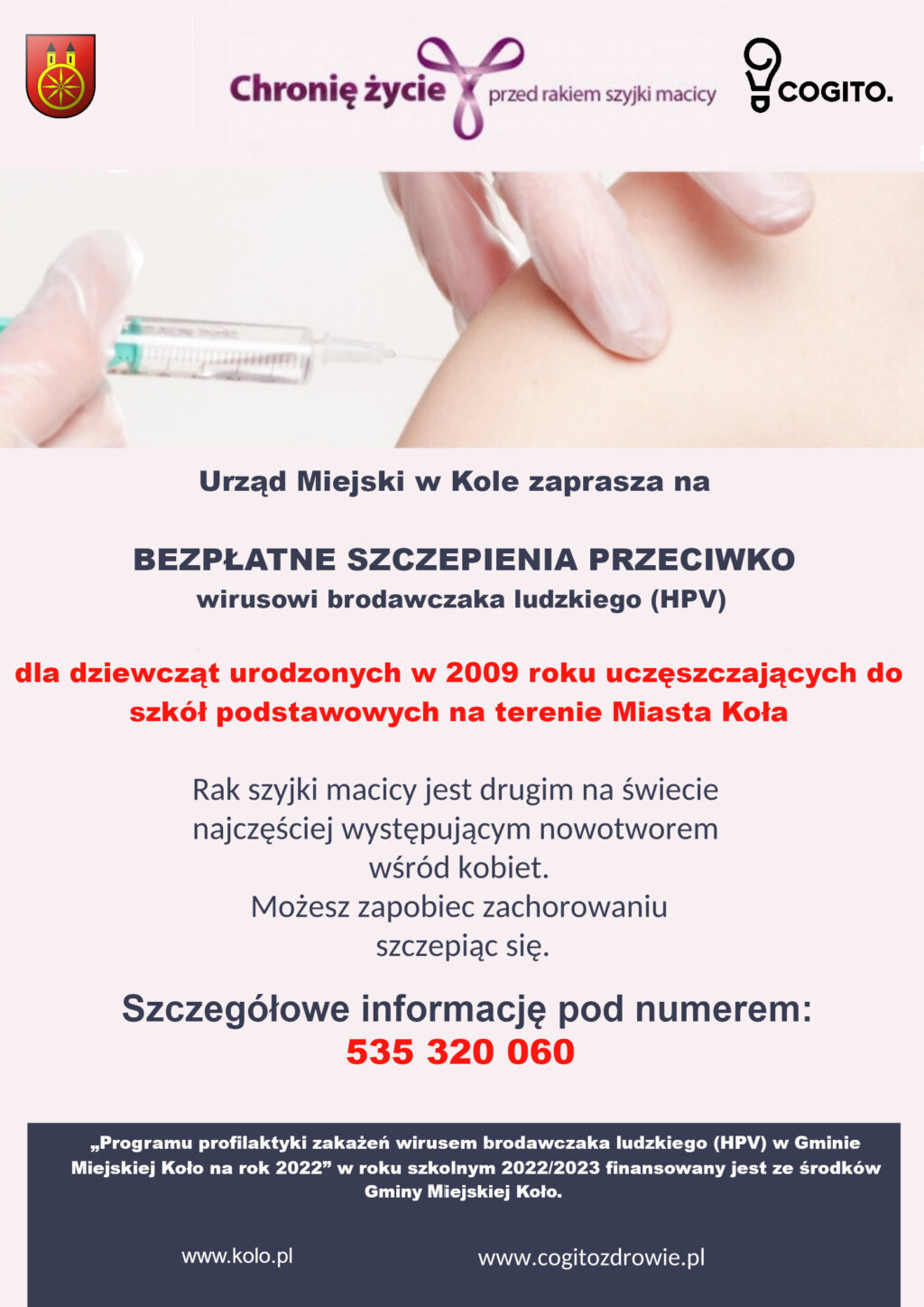 Plakat informujący o Programie szczepień HPV w Kole. Treść plakatu poniżej w artykule.