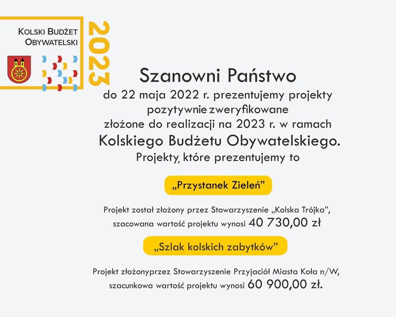 Infografika, projekty do Kolskiego Budżetu Obywatelskiego 2023, tekst pod infografiką.