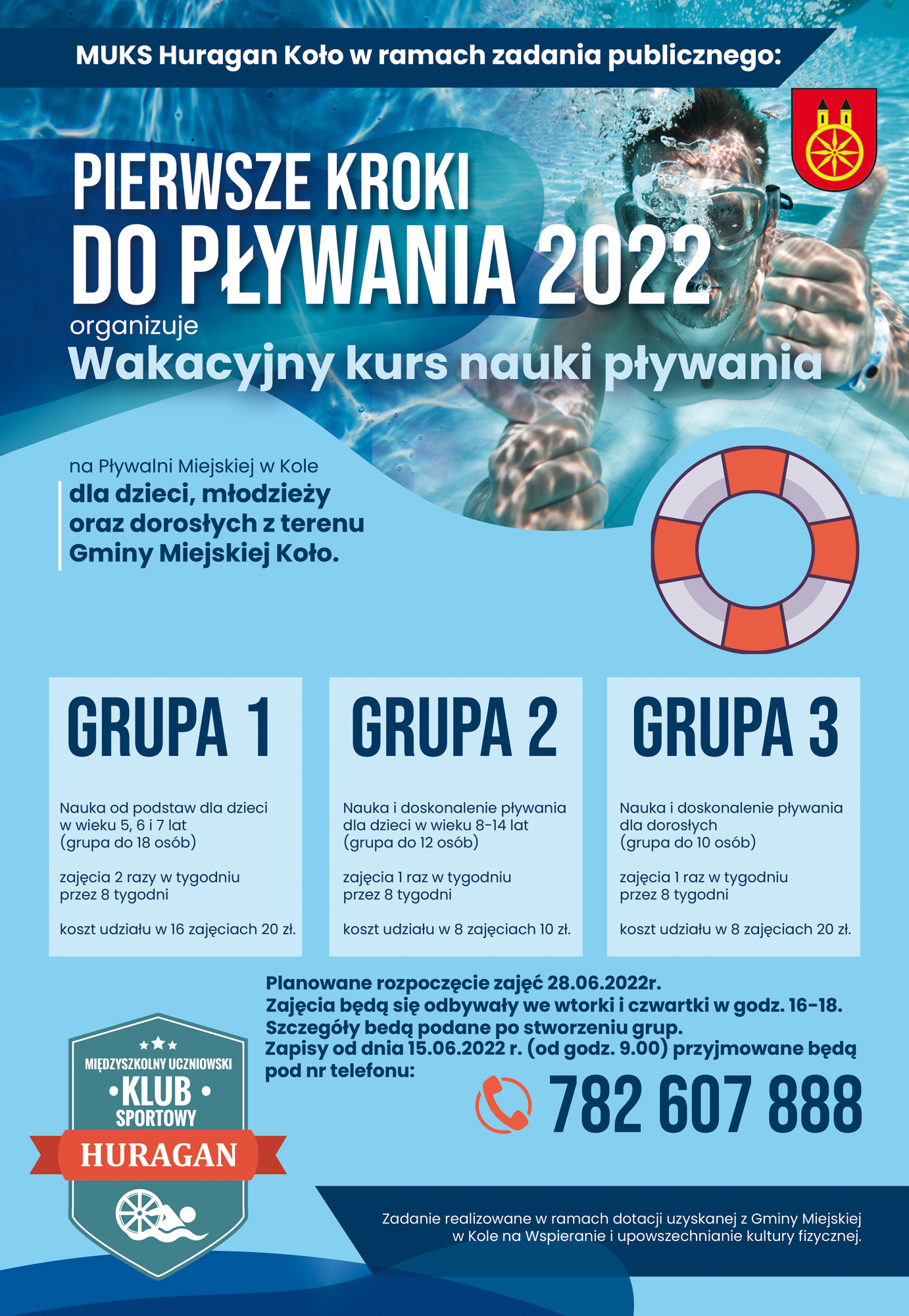 Plakat informujący o Wakacyjnym kursie nauki pływania dla dzieci, młodzieży oraz dorosłych z Koła