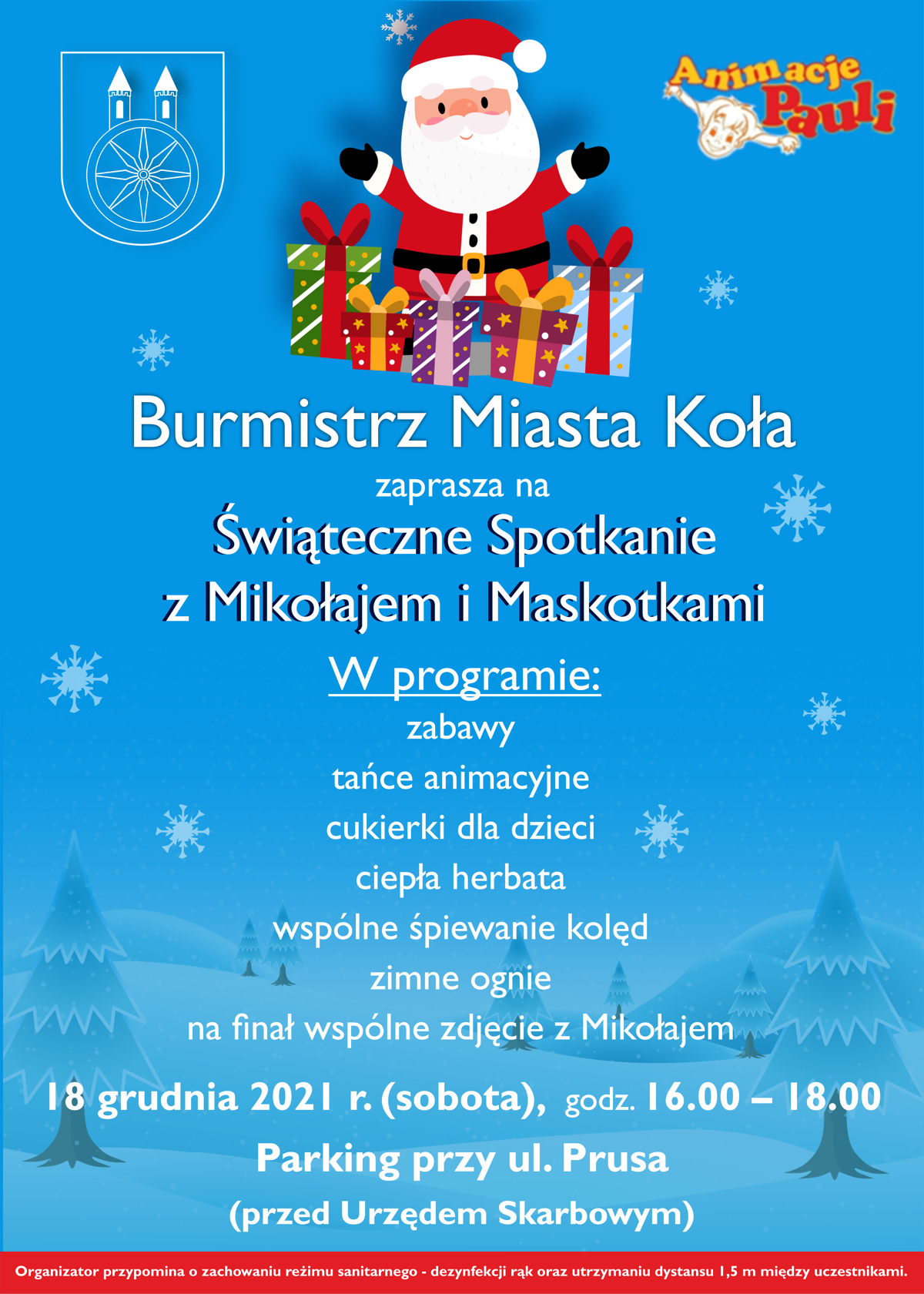 Plakat Świąteczne Spotkanie z Mikołajem i Maskotkami, treść pod plakatem.