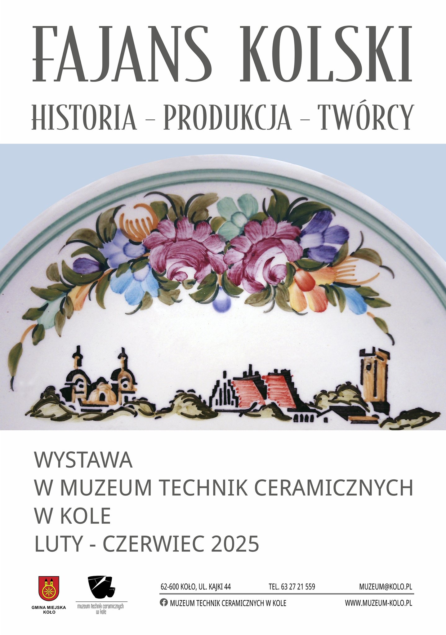 Zdjęcie przedstawia fragment charakterystycznego talerza fajansowego z ozdobnym motywem oraz pejzażem miejskim. panoramę miasta Koła.