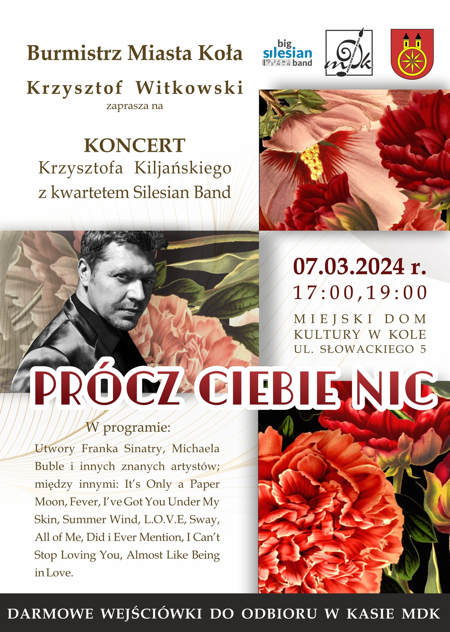 Plakat Koncert Krzysztofa Kiljańskiego z kwartetem Silesian Band, tekst pod plakatem