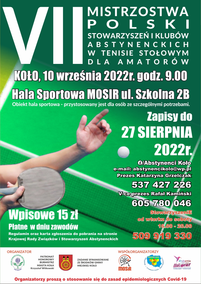 Plakat VII Mistrzostw Polski w Tenisie Stołowym Stowarzyszeń i Klubów Abstynenckich, tekst poniżej.