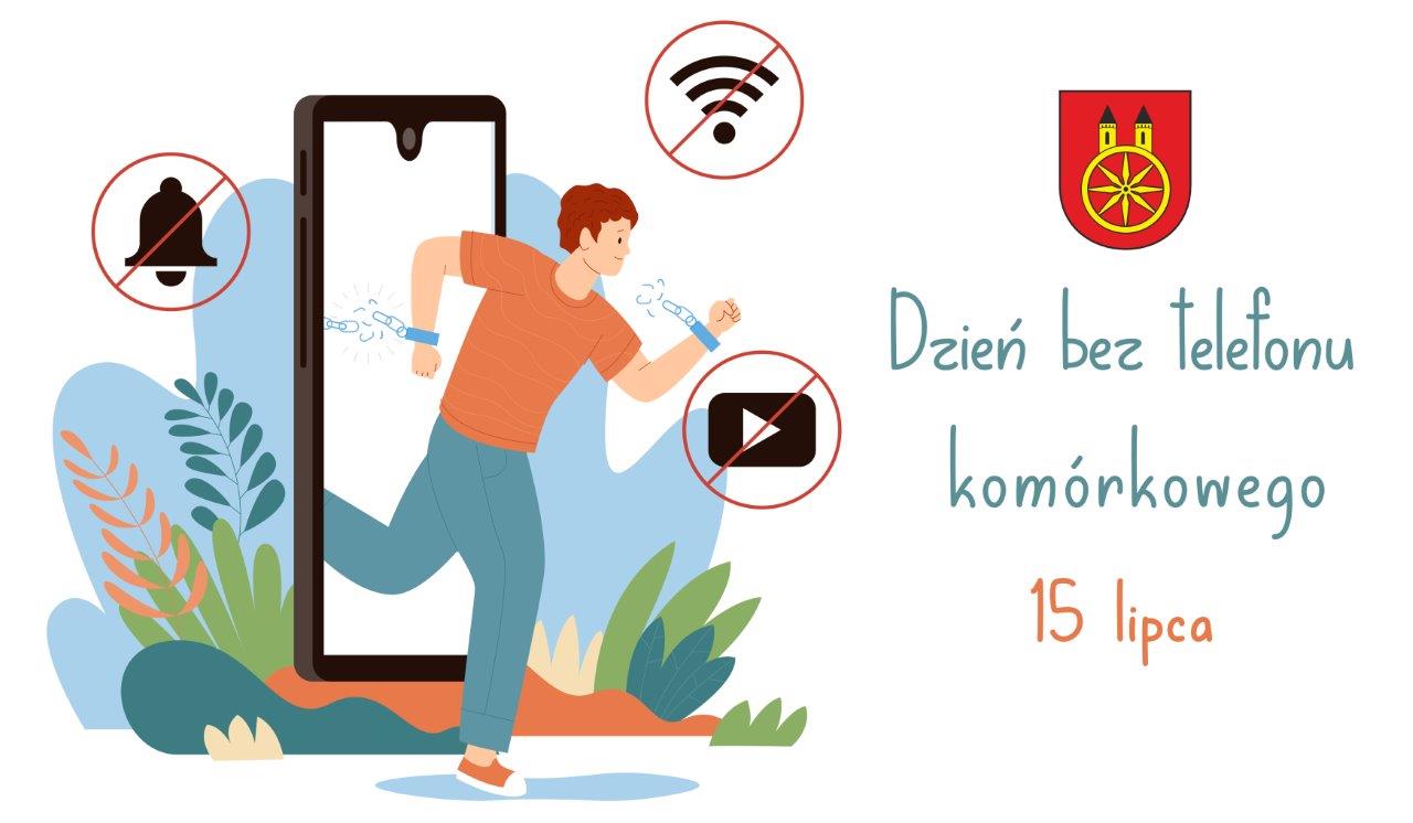 Na planszy widzimy ilustrację promującą Dzień bez telefonu komórkowego, który przypada 15 lipca. Na rysunku znajduje się postać mężczyzny wybiegającego z ramki telefonu, ikony z przekreślonym dzwonkiem, Wi-Fi oraz symbolem odtwarzania wideo.