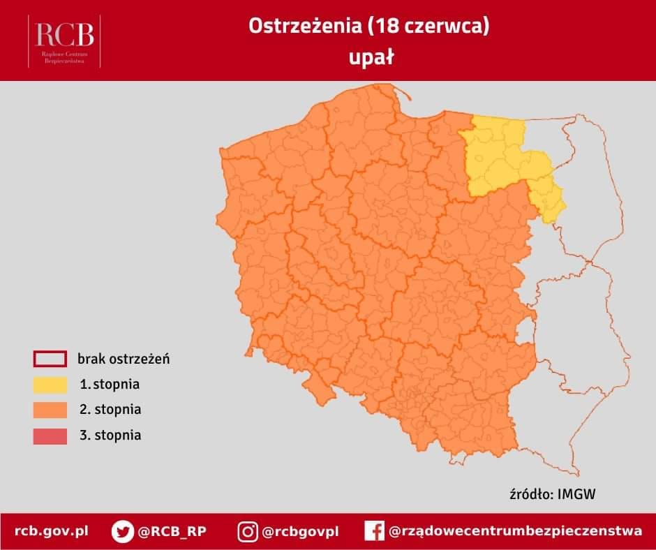 Infografika, mapa Polski IMGW, zaznaczone na pomarańczowo i żółto województwa. 