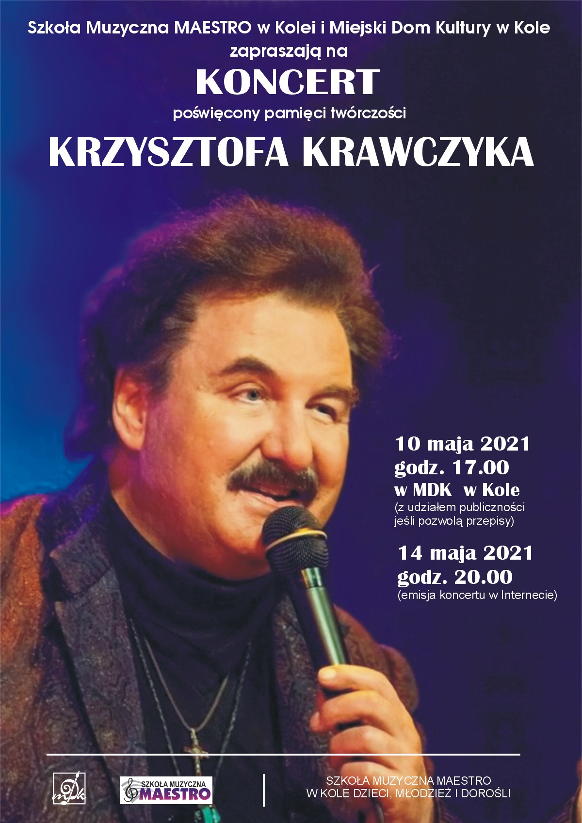 Plakat informujący o koncercie poświęconym twórczości Krzysztofa Krawczyka, treść poniżej.