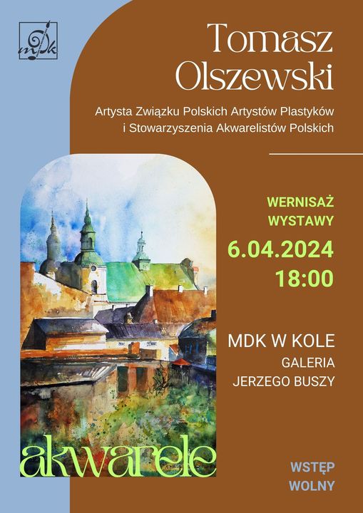 Plakat informujący o wernisażu wystawy akwareli Tomasza Olszewskiego, tekst pod plakatem
