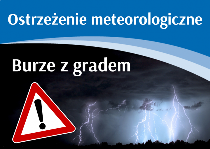 Grafika z napisem ostrzeżenie meteorologiczne, burze z gradem, na dole ciemne niebo z piorunami