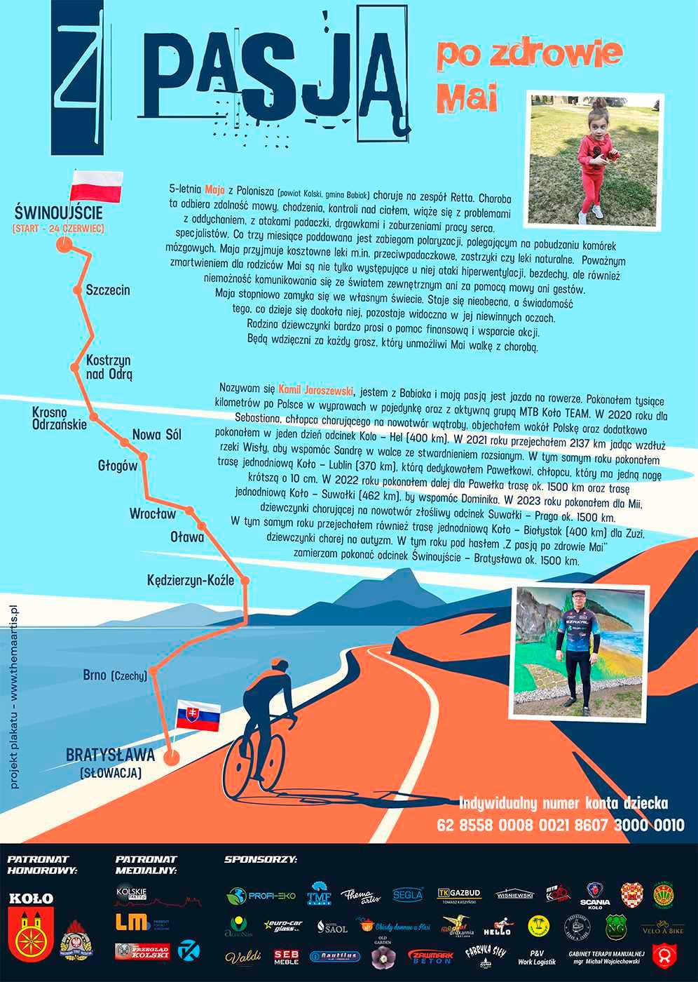 Plakat przedstawia mapę z zaznaczoną trasą z Polski do Słowacji w akcji charytatywnej na rowerze 