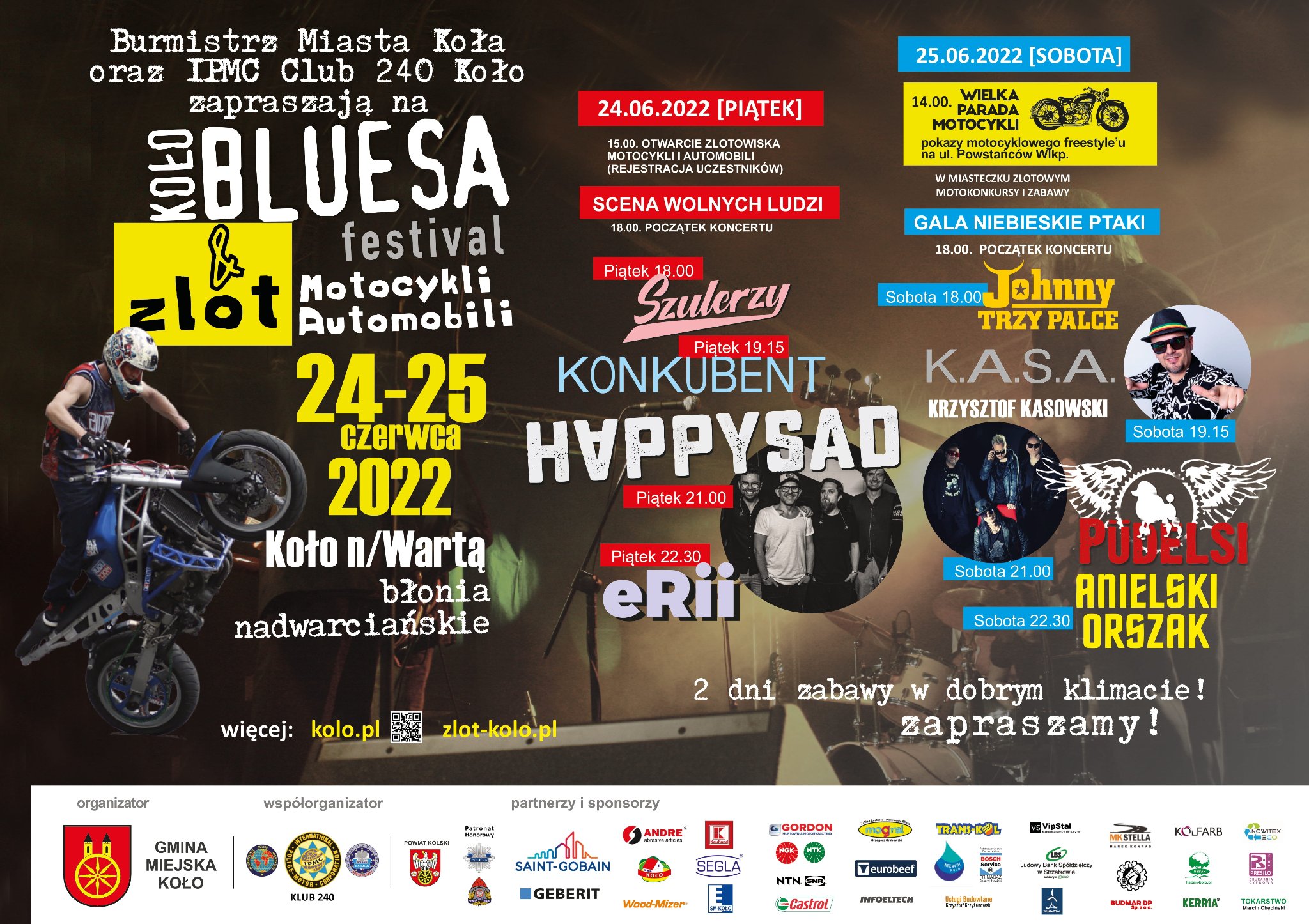 Plakat KOŁO BLUESA festiwal i Zlot Motocykli i Automobili, tekst pod plakatem.